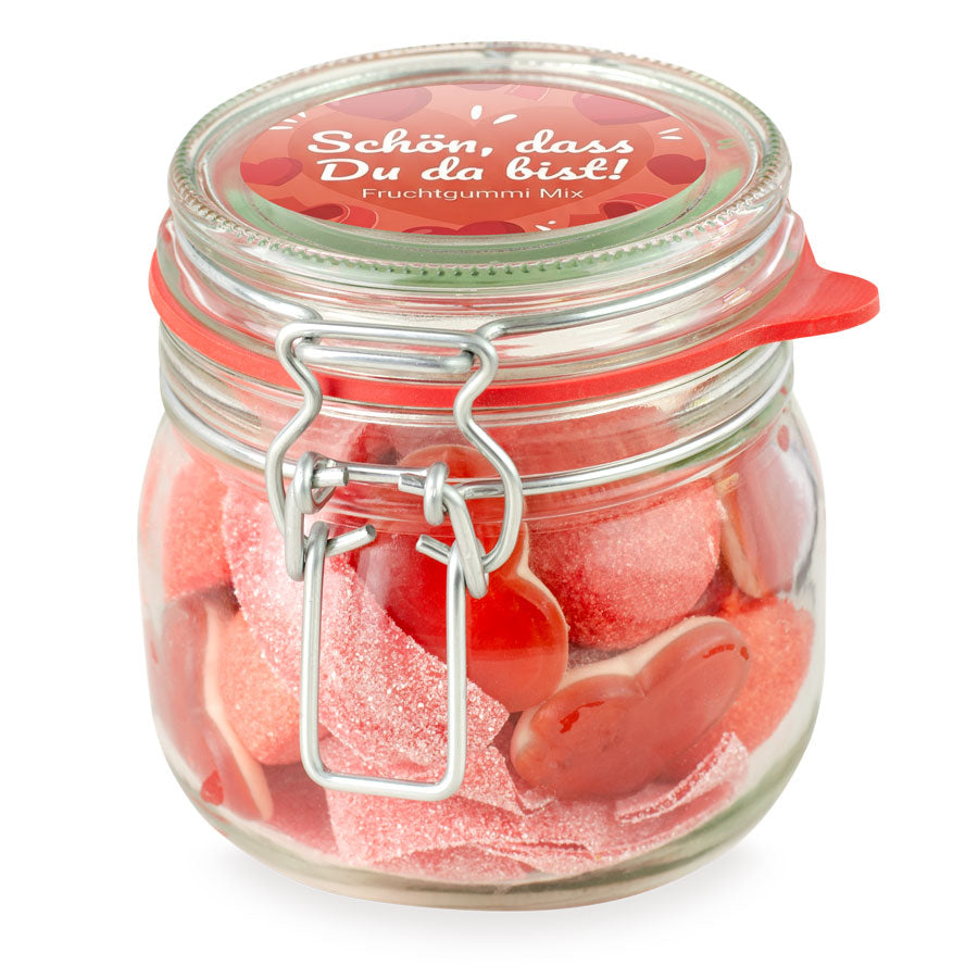 Roter Süßigkeitenmix im Bügelglas M 320 g mit Logo – Beispielmotiv