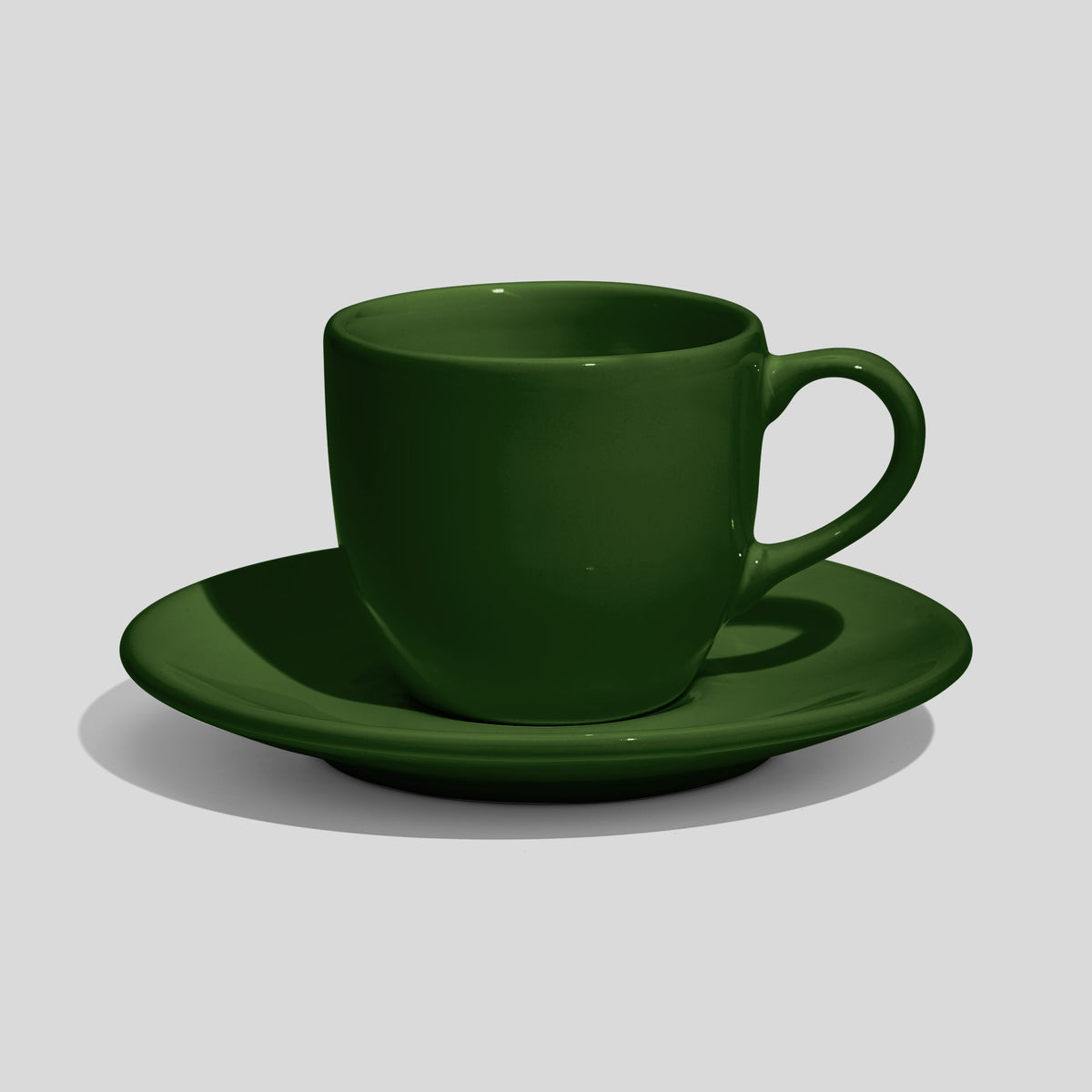 Rundliche Tasse mit Untertasse 180 ml und Bogenhenkel – Tannengrün