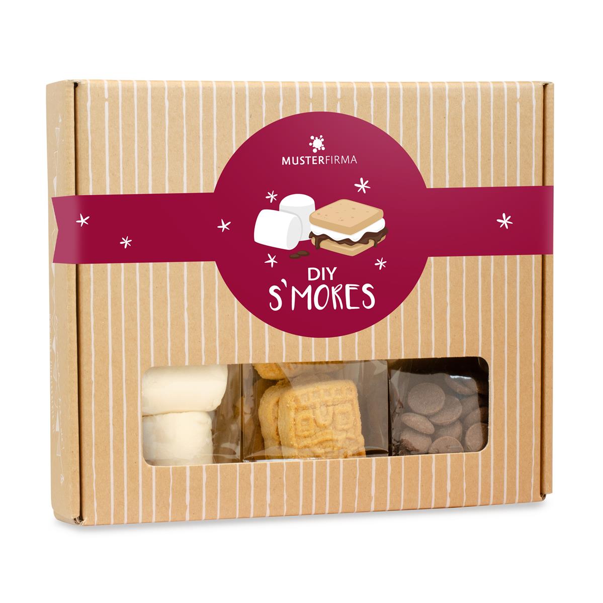 S´mores Box mit Marshmallows, Keksen und Schokodrops mit Logo – Beispielmotiv