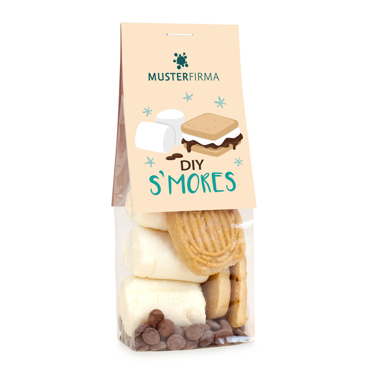S'mores Set im Tütchen 50 g mit Logo – Beispielmotiv