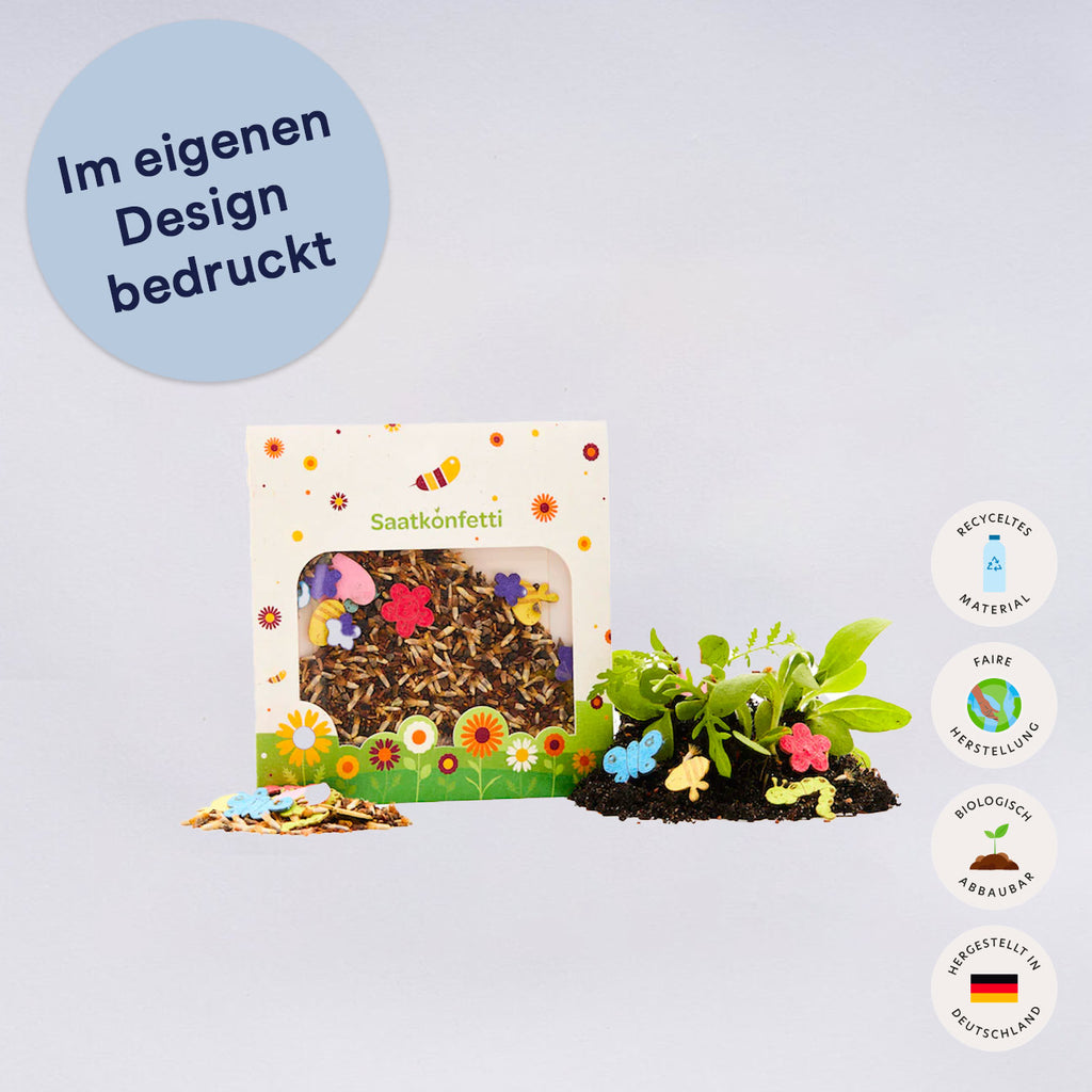 Etuifaltschachtel mit 5g Wildblumensaatgut und 10 Saatpapiermotiven mit eigenen Firmendruck