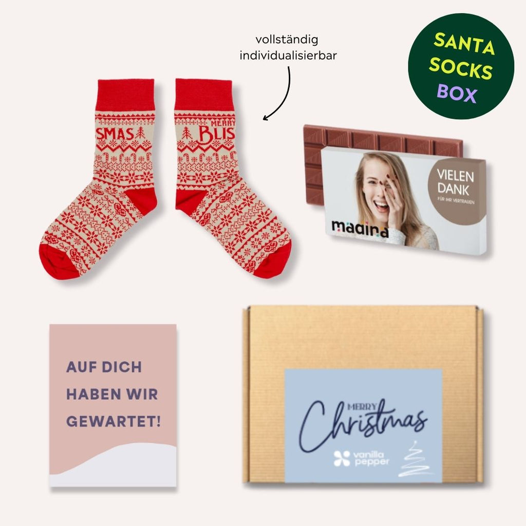 Santa Socks Geschenkbox mit Socken und Schokoladentafel individuell gestalten für dein Unternehmen zu Weihnachten.