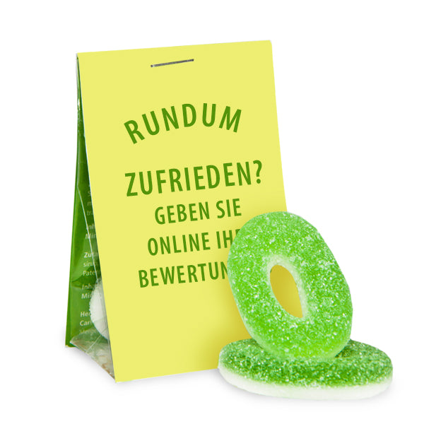 Saure Apfelringe aus Fruchtgummi im Tütchen 15 g mit Logo – Beispielmotiv