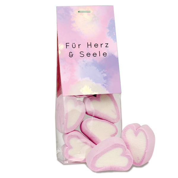 Schaumzucker Herzen im Beutel 20 g mit Logo – Beispielmotiv