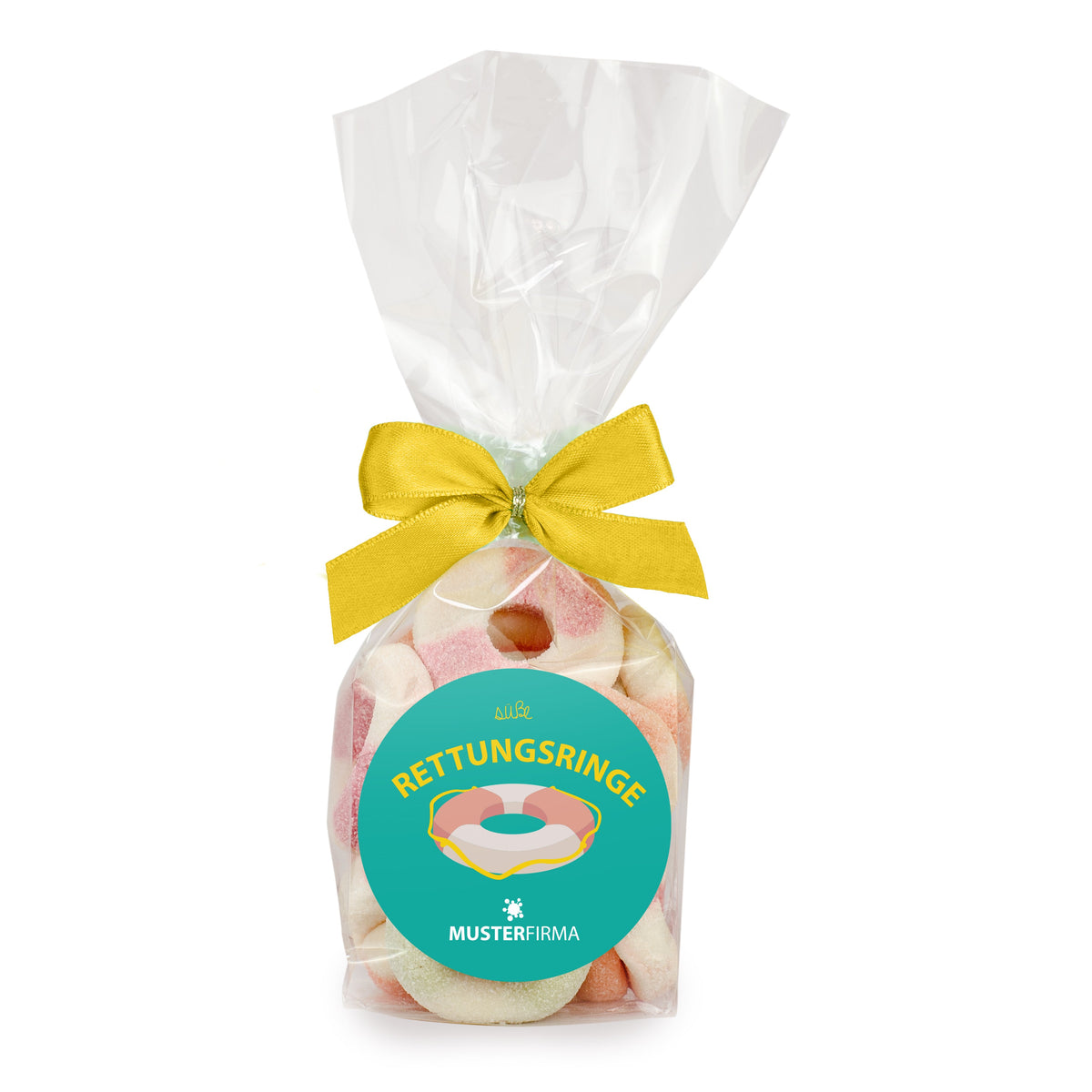 Schaumzuckerringe mit Brause im Flachbeutel 180 g mit Logo – Beispielmotiv