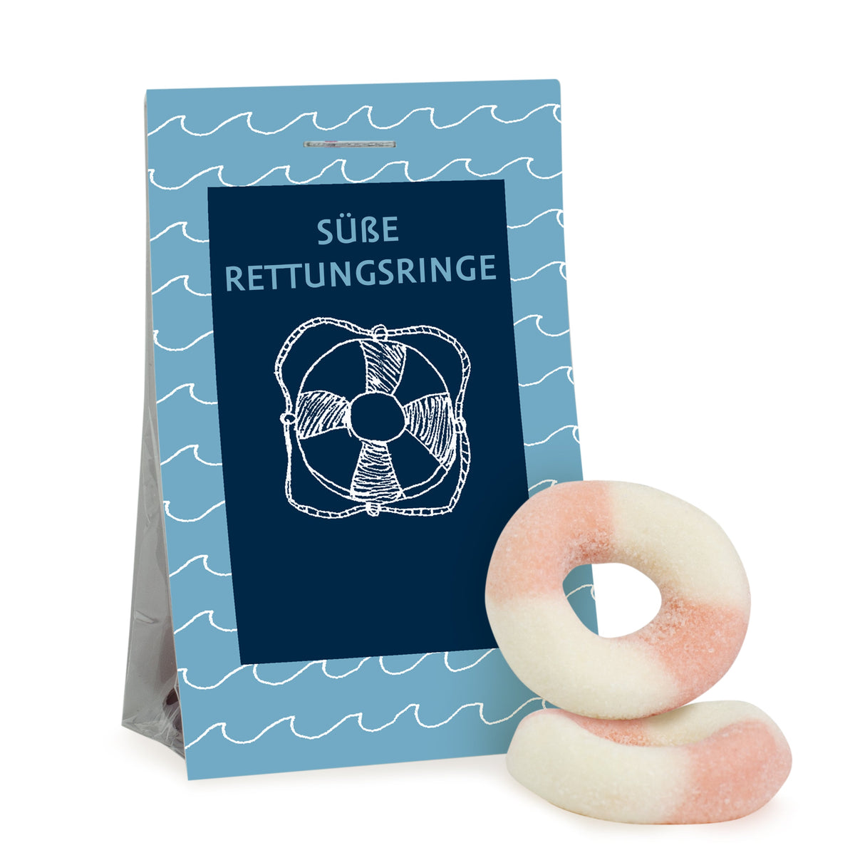 Schaumzuckerringe mit Brause im Tütchen 15 g mit Logo – Beispielmotiv