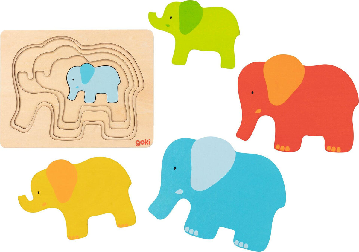 Schichtenpuzzle Elefantenfamilie aus Holz mit fünf Teilen – zweite Ansicht