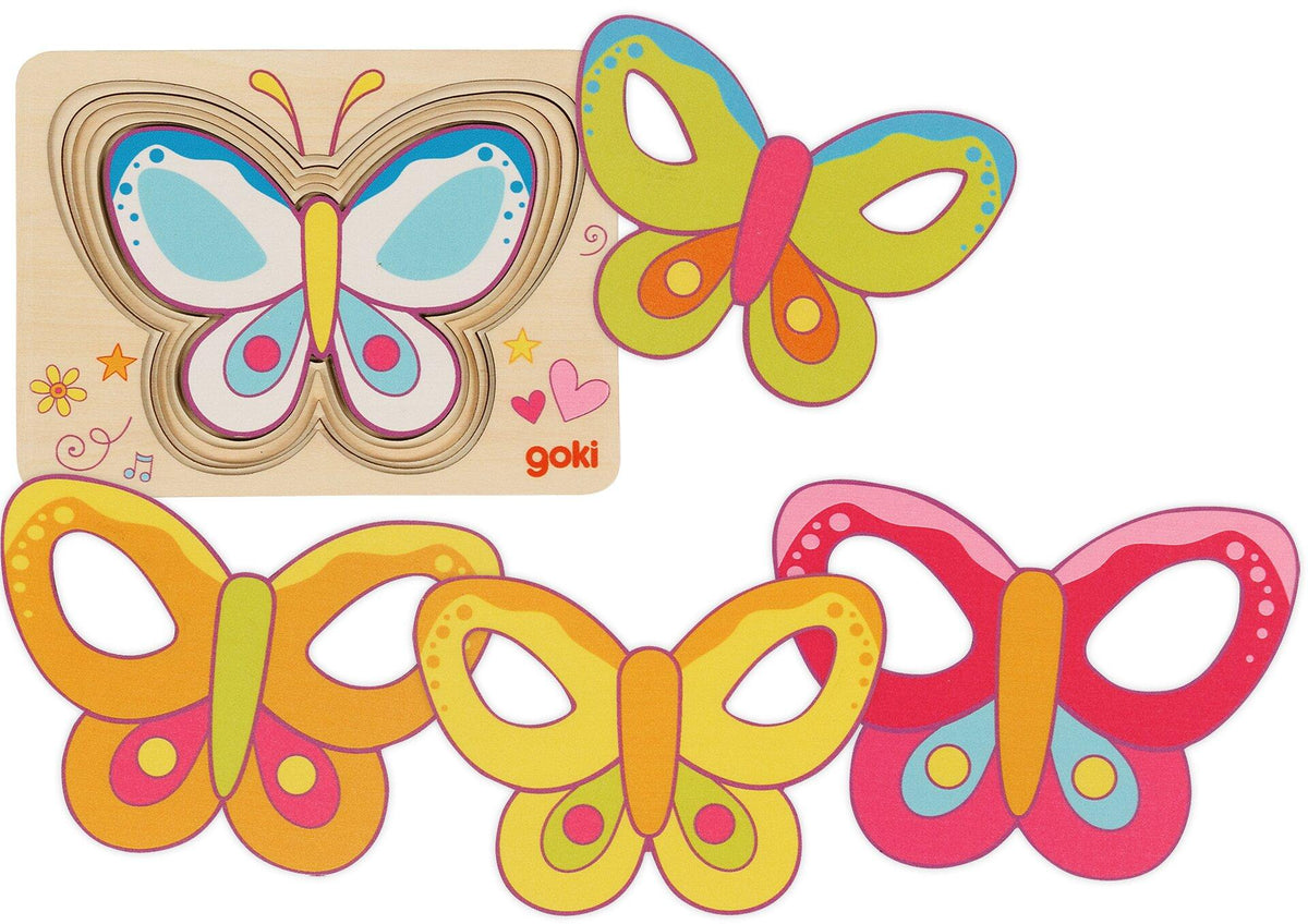 Schichtenpuzzle Schmetterling mit rosa Flügeln aus Holz – zweite Ansicht