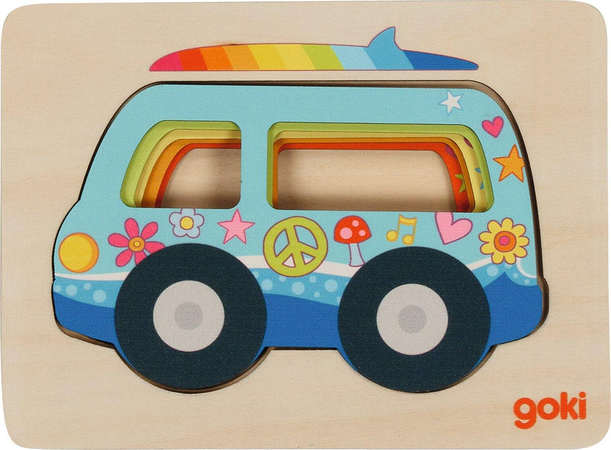 Schichtenpuzzle Van mit Surfbrett und Peace Zeichen aus Holz