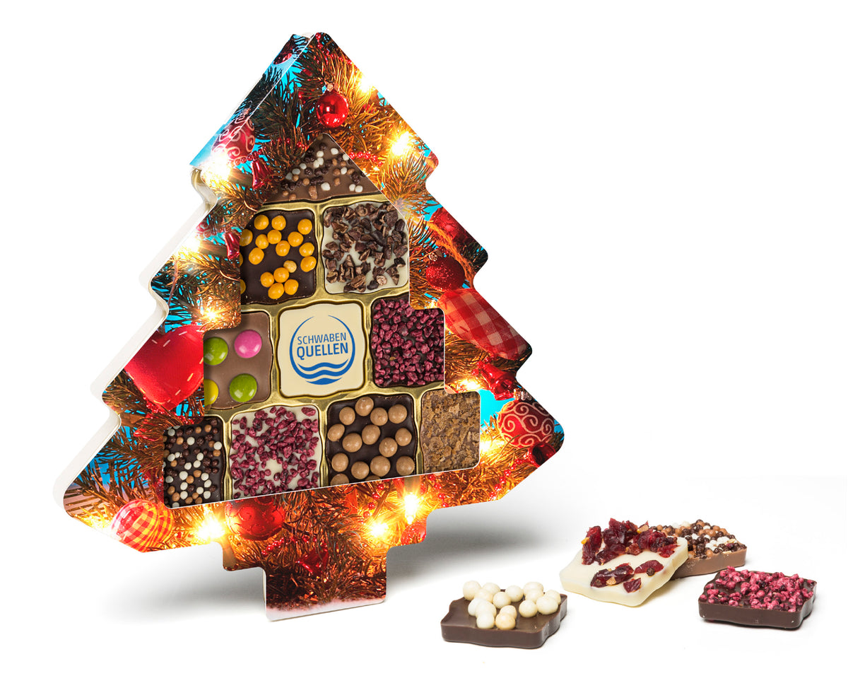 Schokini Weihnachtsbaum Display mit Standardkartonage und Logotäfelchen