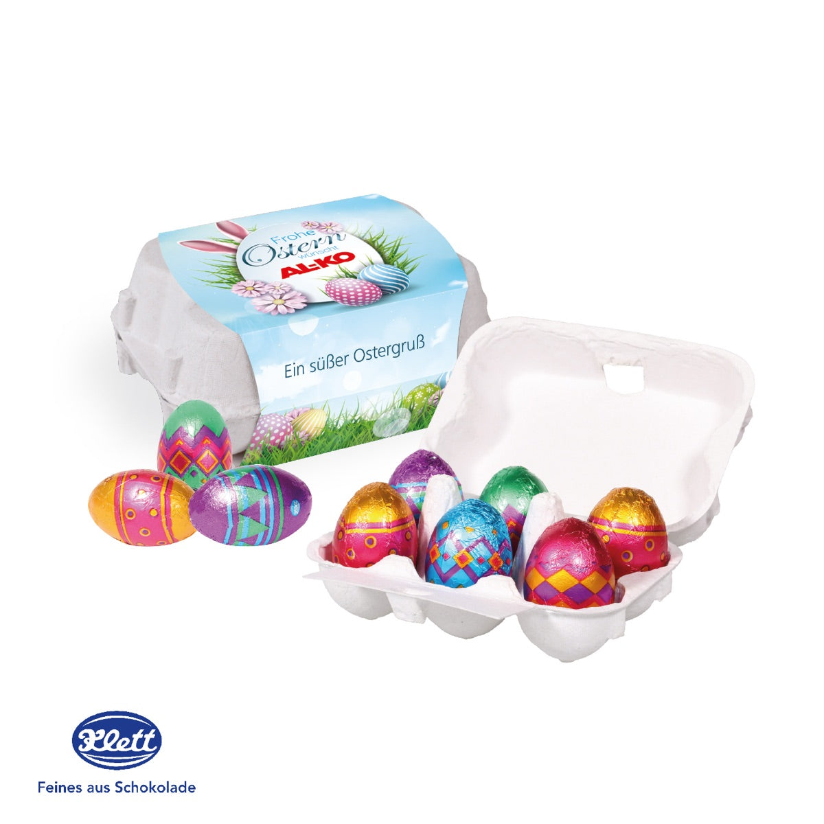 Eierkartonage mit bedruckbarer Banderole für Logo und Ostermotiv