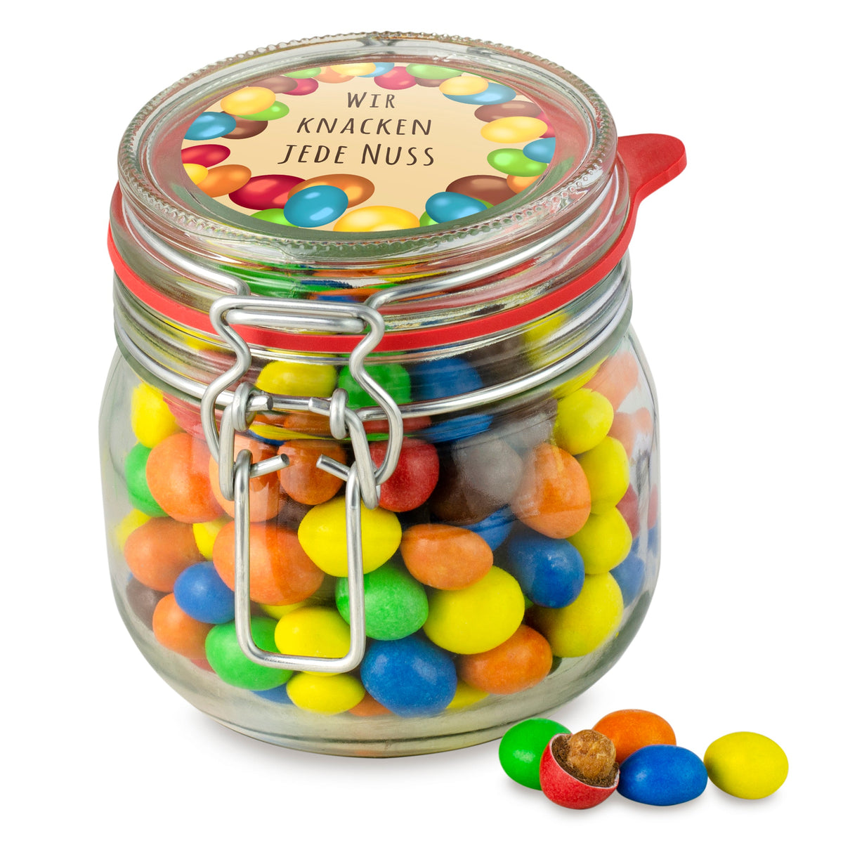 Schoko Erdnüsse im Bügelglas M 400 g mit Logo – Beispielmotiv