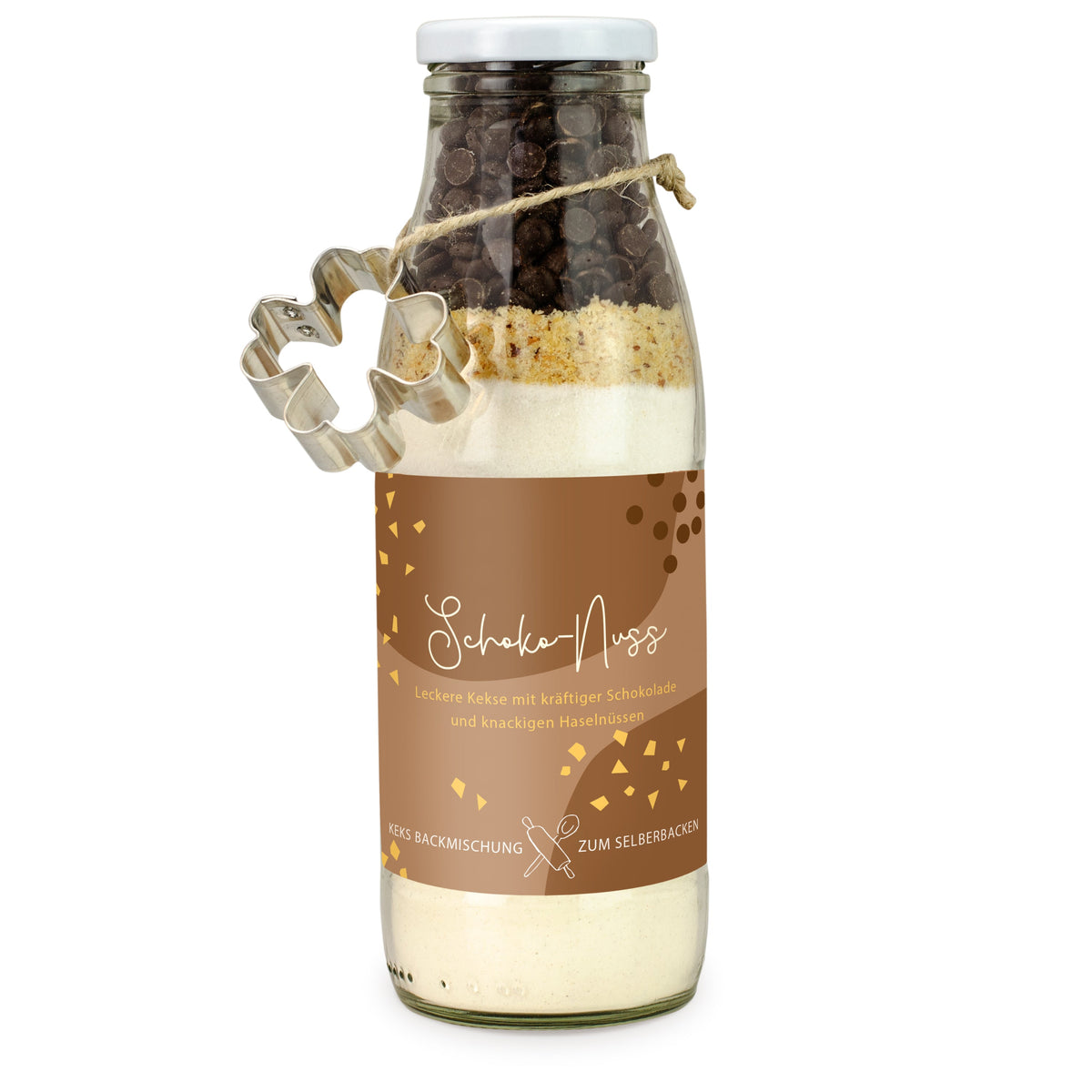 Schoko Haselnuss Backmischung in der Flasche 430 g mit Logo – Beispielmotiv