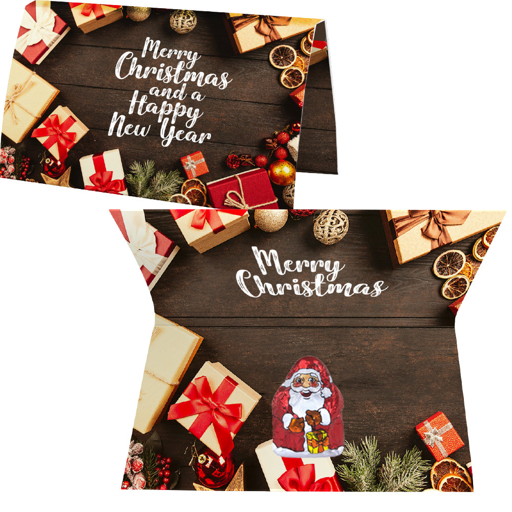 Schoko Weihnachtsmänner in der Werbekarte A6 – Mini Schoko Weihnachtsmänner, ca. 7 g