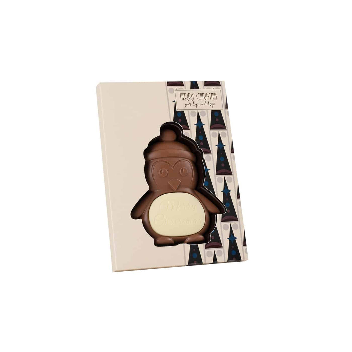 Schokoladenpinguin zur Weihnachtszeit, Nahaufnahme Bauchfläche