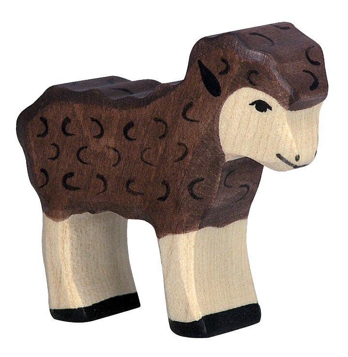 Schwarzes Schaf als Holzfigur mit Logo von HOLZTIGER – Ansicht