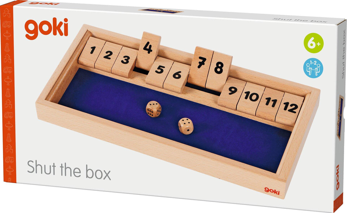 Shut the box Würfelspiel aus Holz im Format 33 x 17 cm – Verpackung