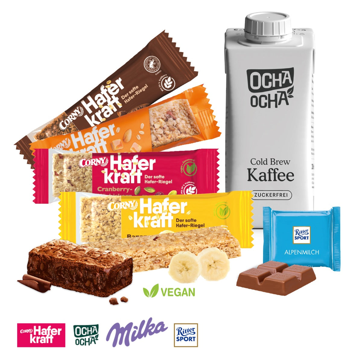 Snack Pack geöffnet mit Milka Brownie, Ritter SPORT Mini, CORNY Riegel und Cold Brew