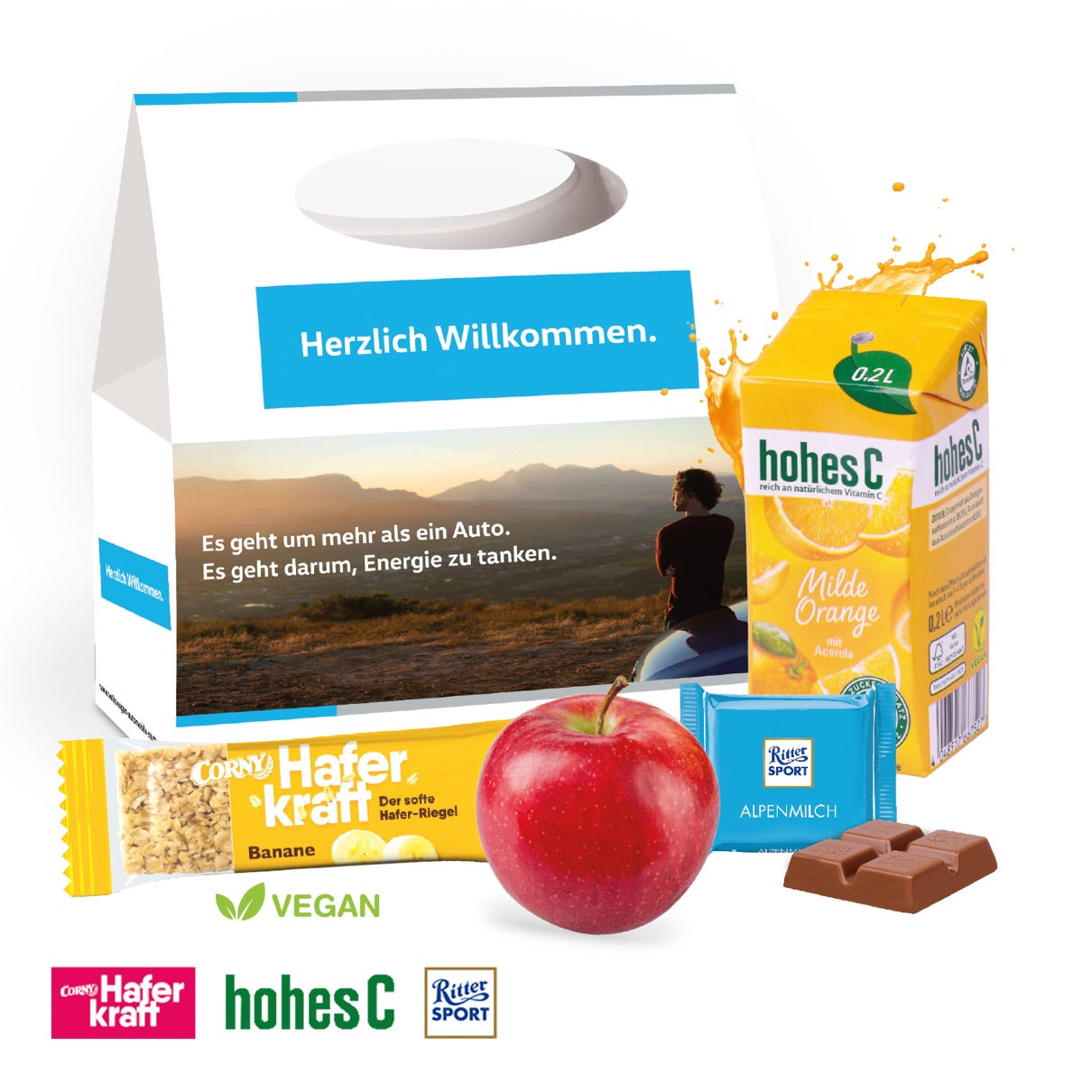 Tragetasche aus Karton mit Werbemotiv und Griff