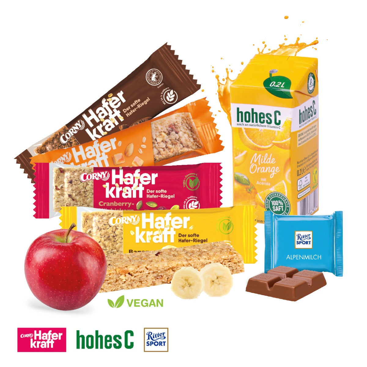 Snack Pack To Go geöffnet mit Apfel, Riegel, Schokolade und Saft