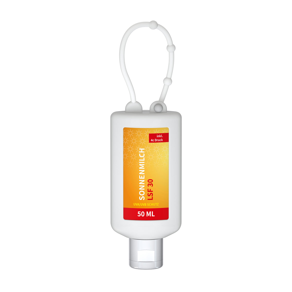 Sonnenmilch LSF 30 50 ml Anhängeflasche mit Silikonhülle – Weiß