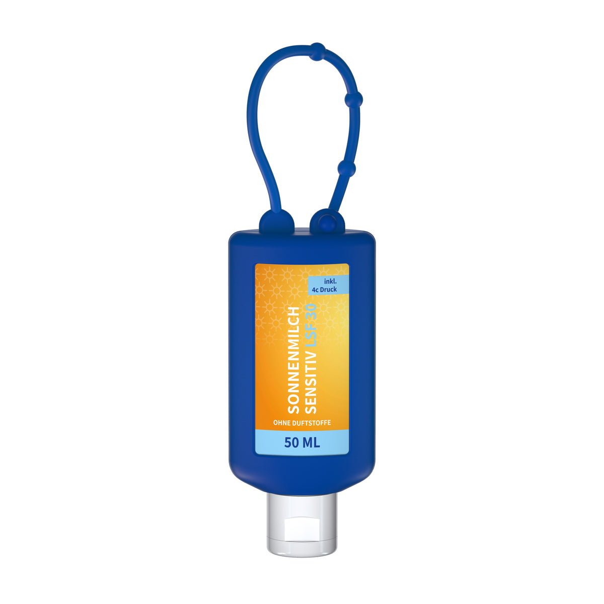 Sonnenmilch sensitiv LSF 30 50 ml Anhängeflasche mit Silikonhülle – Blau