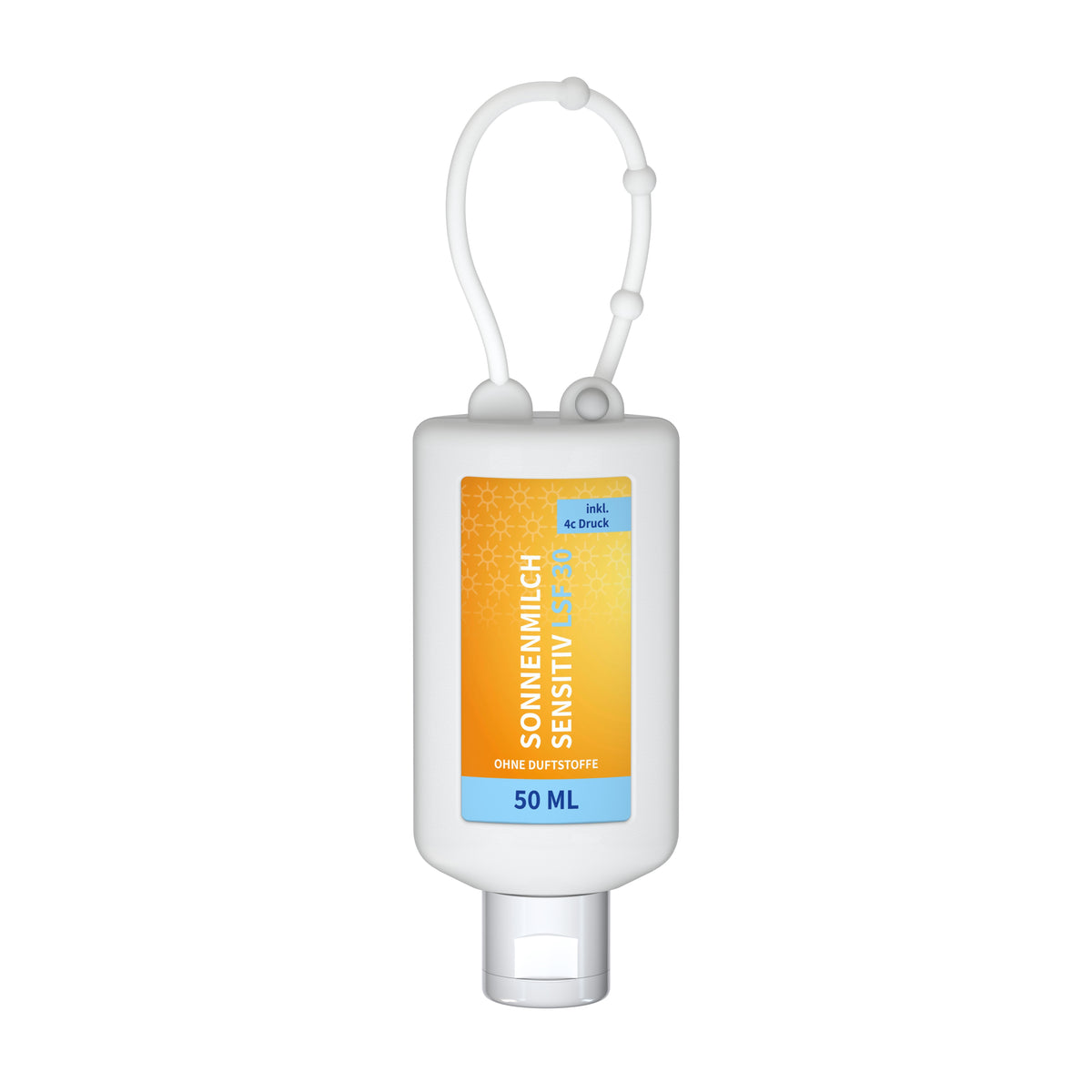Sonnenmilch sensitiv LSF 30 50 ml Anhängeflasche mit Silikonhülle – Weiß
