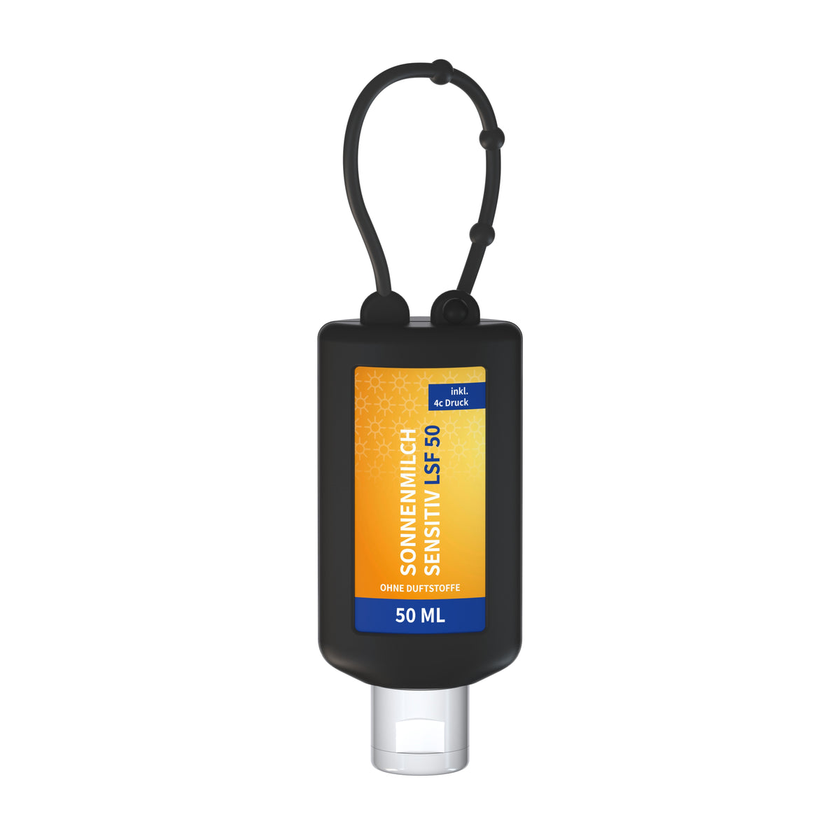 Sonnenmilch sensitiv LSF 50 50 ml Flasche mit Anhängeschlaufe – Schwarz