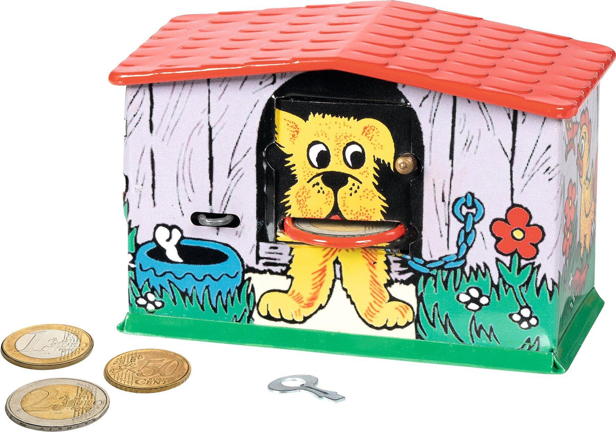 Spardose Hund in der Hundehütte aus Blech