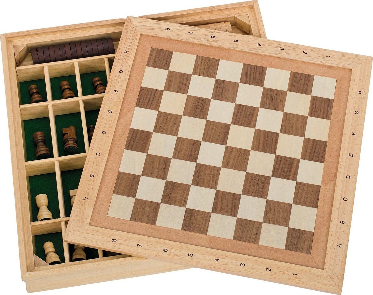 Spielekassette aus Holz mit Schach, Dame und Mühle