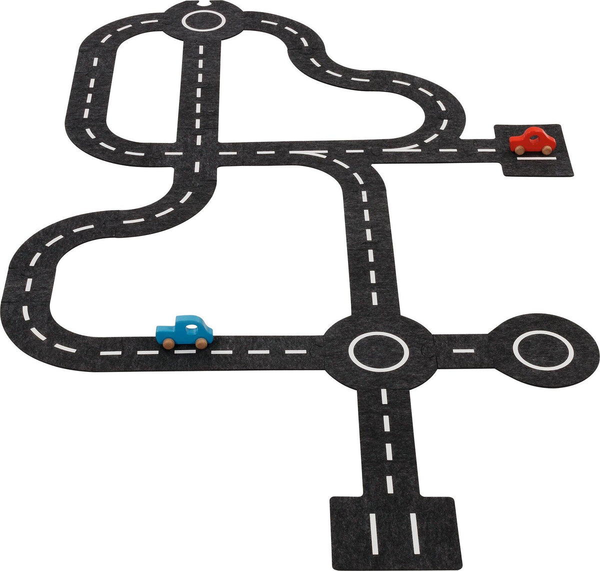 Spielstraße aus Holz und Filz mit zwei Fahrzeugen