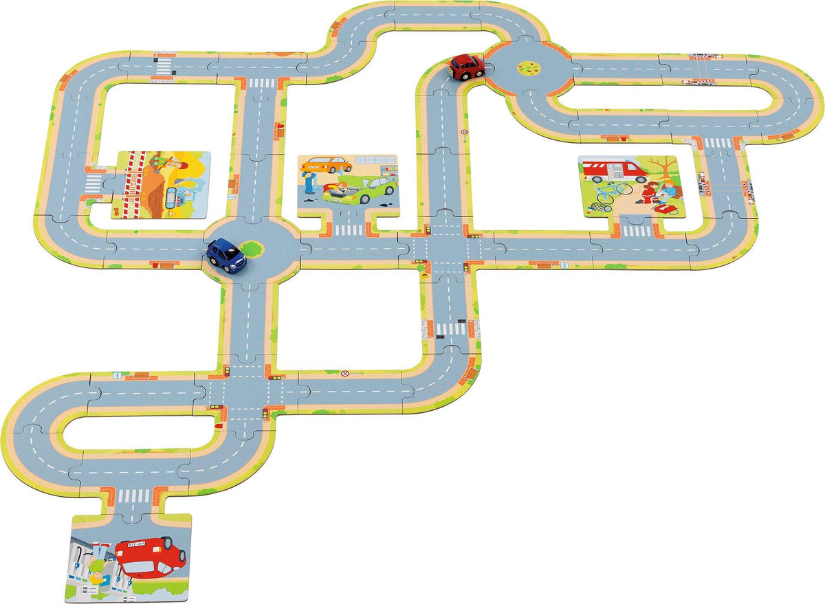 Spielstraße Set aus Pappe mit zwei Fahrzeugen aus Spritzguss