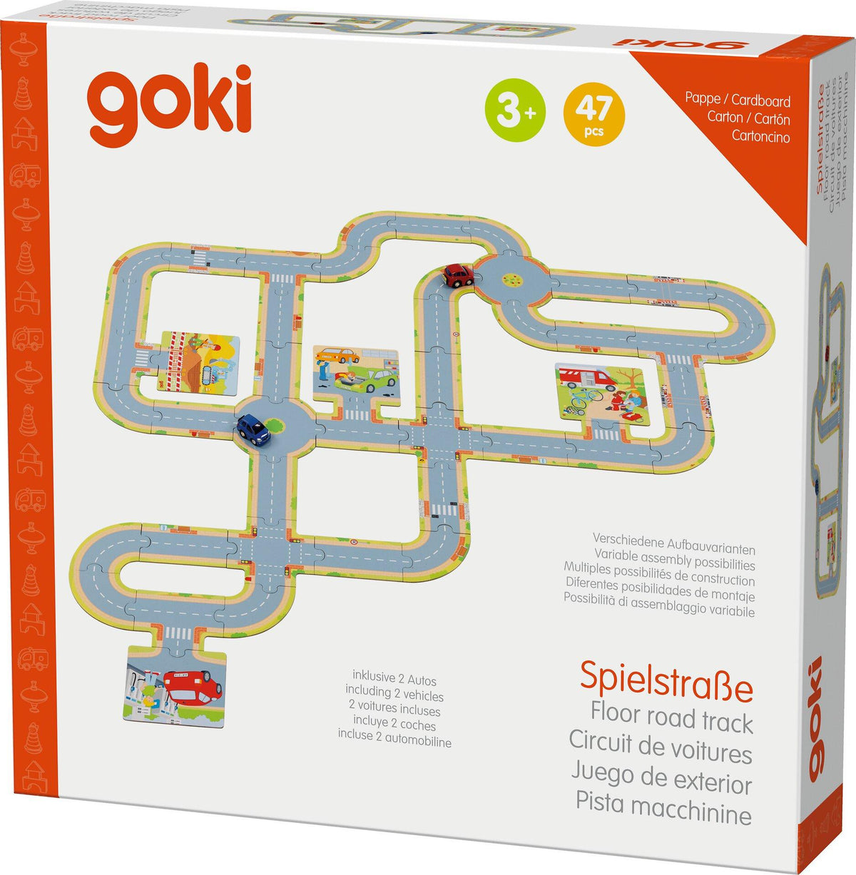 Spielstraße Set aus Pappe mit zwei Fahrzeugen aus Spritzguss – Verpackung