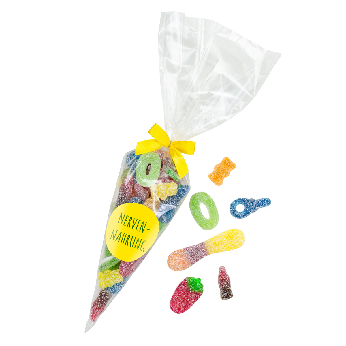 Spitztüte 250 g saure Fruchtgummis mit Logo – Beispielmotiv