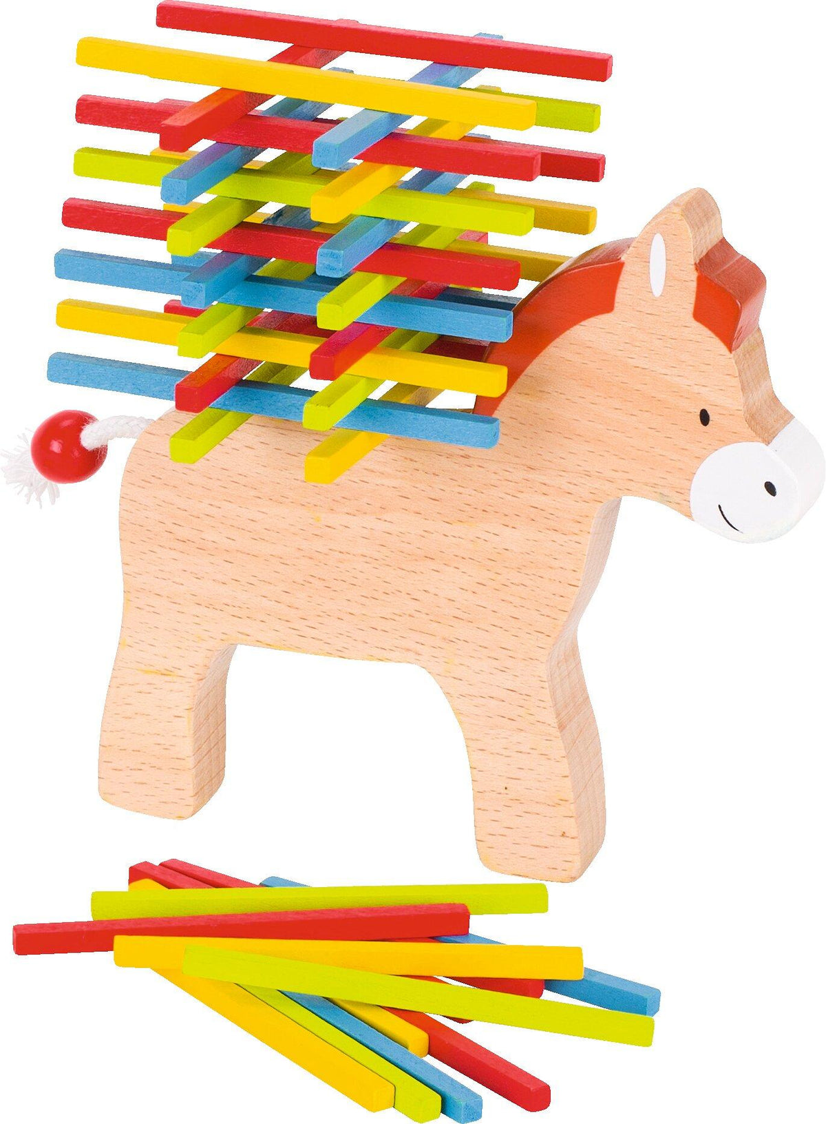 Stapelspiel Packesel mit 60 bunten Holzstäbchen