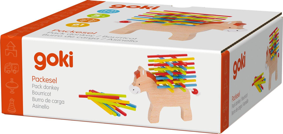 Stapelspiel Packesel mit 60 bunten Holzstäbchen – Verpackung