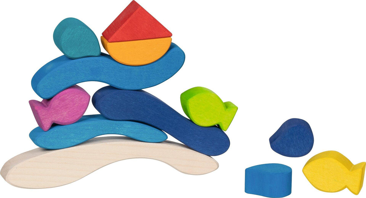 Stapelspiel Wasserwelt mit Wellen und Fischen aus Holz – weitere Ansicht