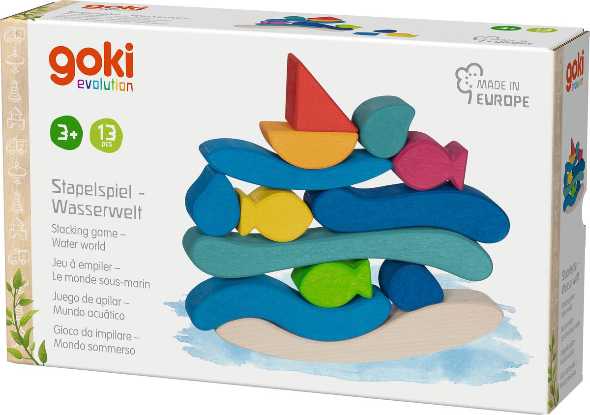 Stapelspiel Wasserwelt mit Wellen und Fischen aus Holz – Verpackung