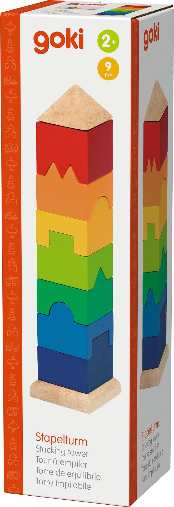 Stapelturm in Regenbogenfarben mit Spitzdach aus Holz – Verpackung