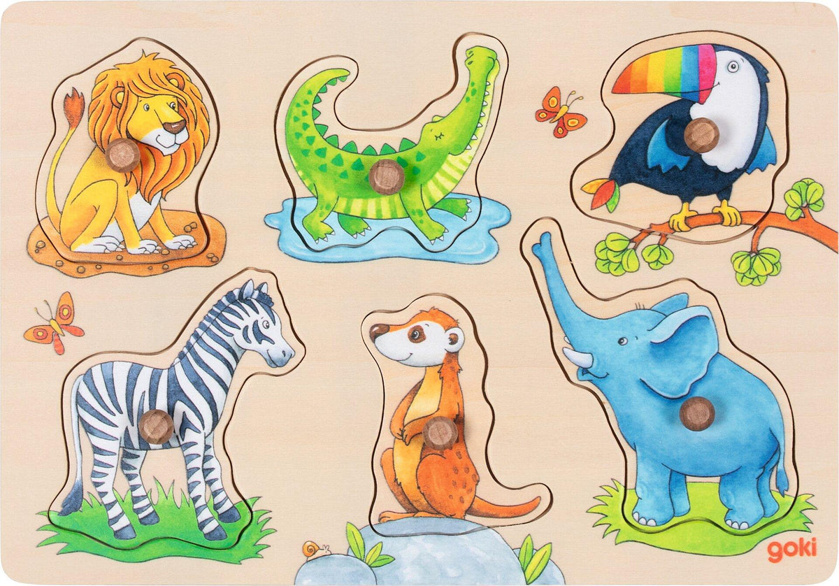 Steckpuzzle Tierkinder mit Elefant, Zebra und Tukan von goki – Nahaufnahme