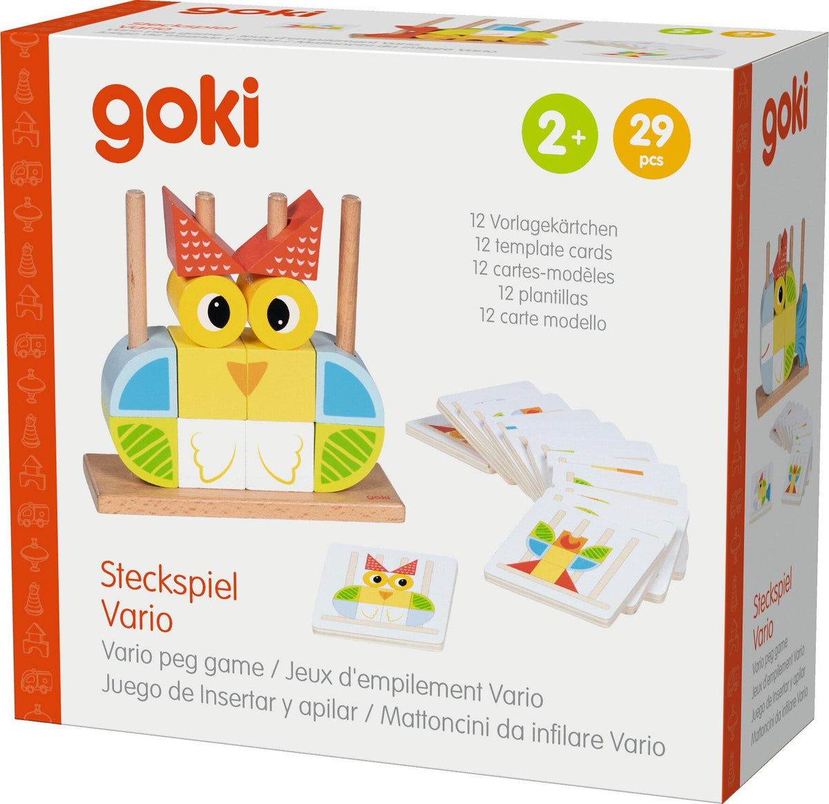 Steckspiel Vario mit 12 Vorlagekärtchen und Holzbausteinen – Verpackung