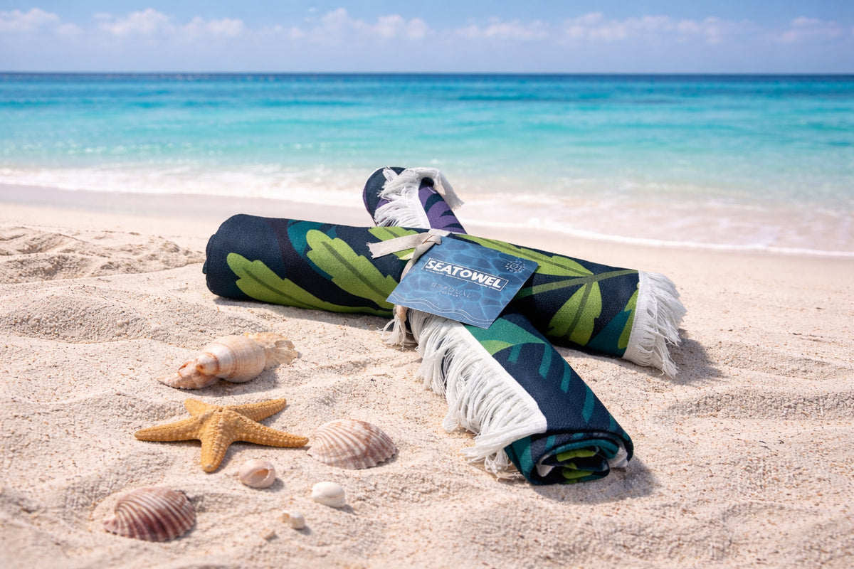 Strandtuch mit vollflächigem Fotodruck und Fransen – 70 x 140 cm