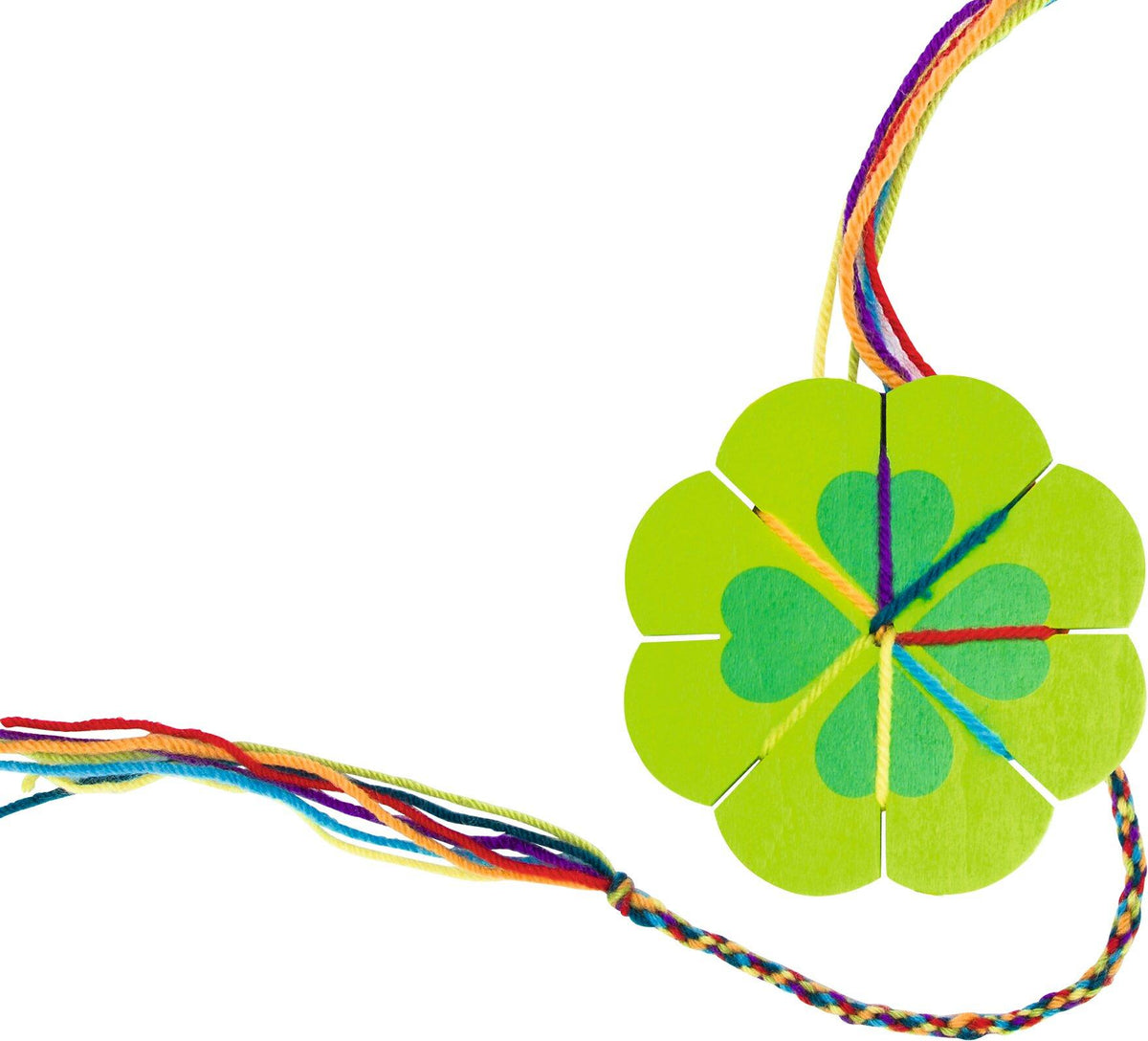 Strickklee und Strickblume aus Holz mit sieben Fäden – Seitenansicht