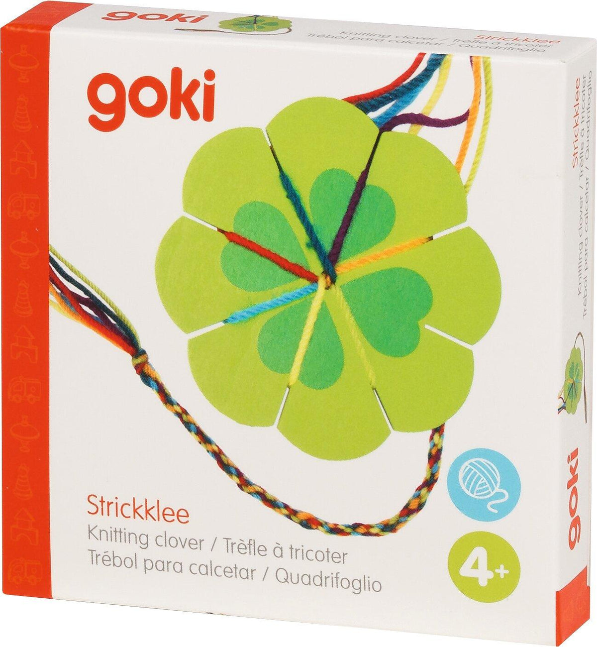 Strickklee und Strickblume aus Holz mit sieben Fäden – Schrägansicht