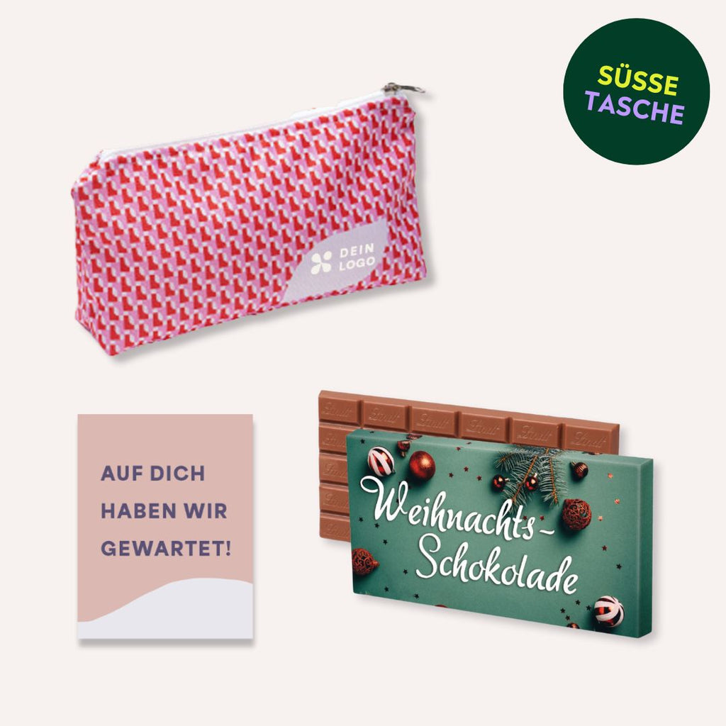 Günstiges Geschenkset mit rPET Kulturbeutel und Schokoladentafel individualisieren lassen zu Weihnachten.