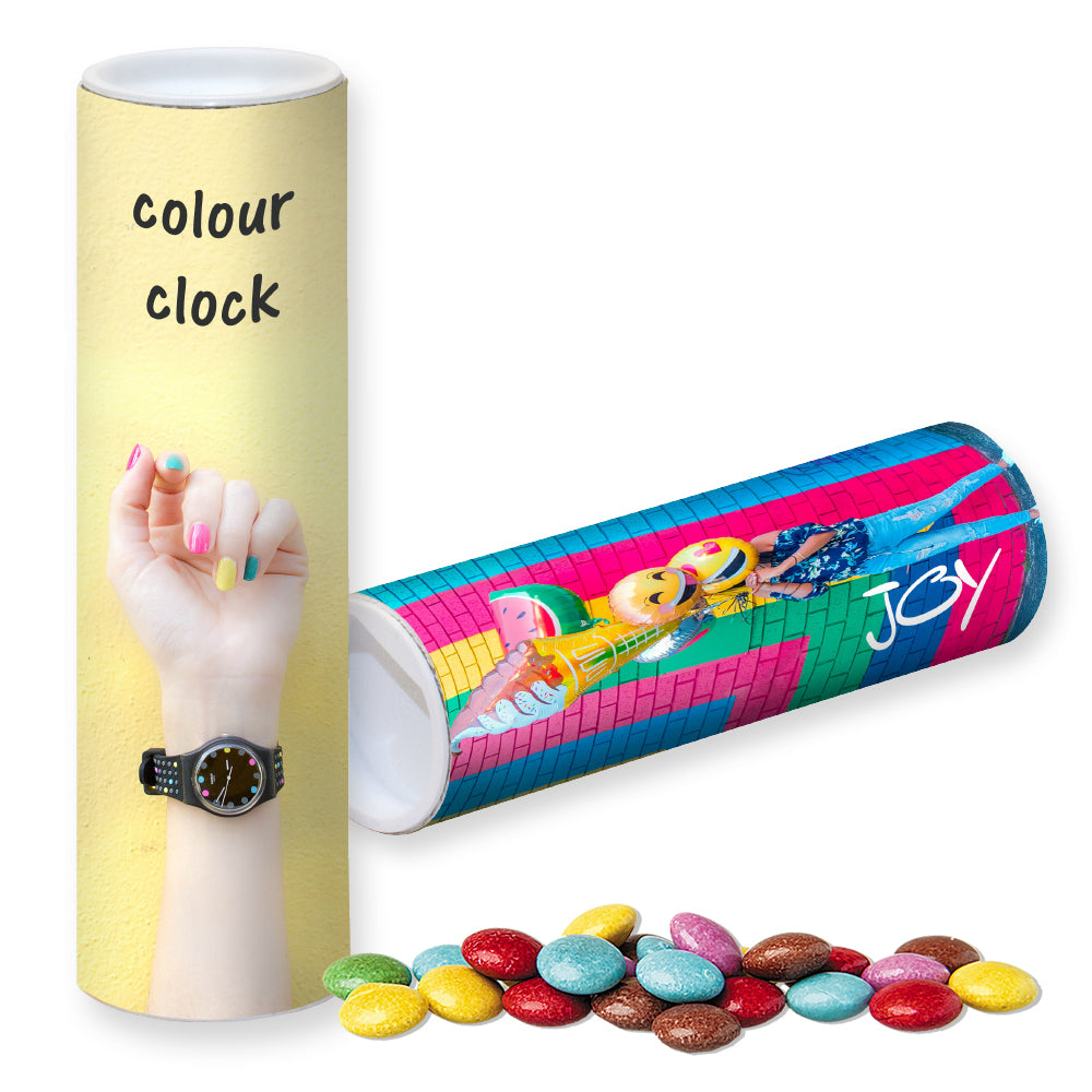 Süßigkeiten in der Papprolle mit Logo – Bunte Schokolinsen, ca. 35 g