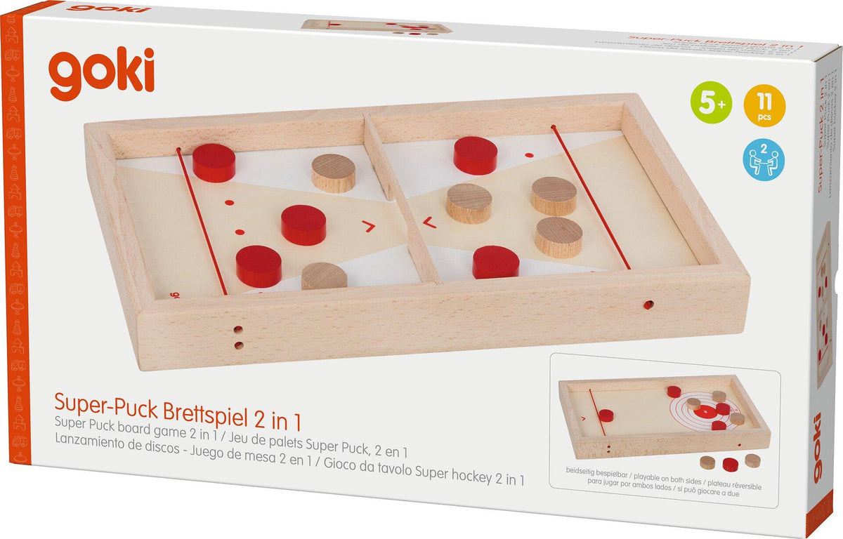 Super Puck Brettspiel 2 in 1 aus Holz mit roten Scheiben – Verpackung
