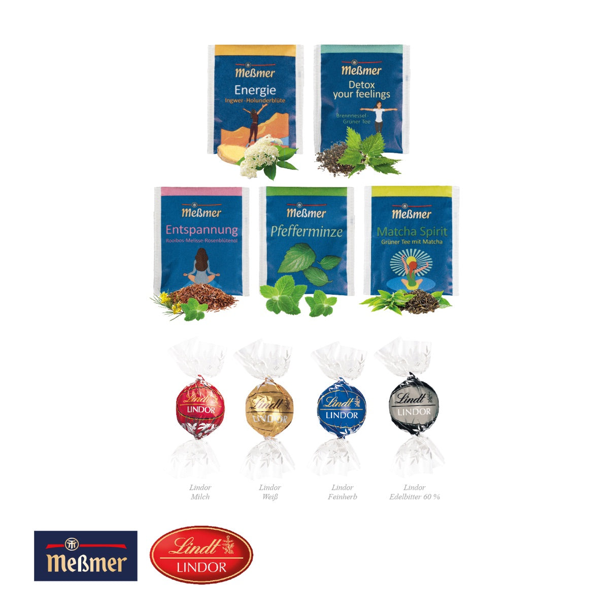 Geöffnete Box mit zwei Meßmer Teebeuteln und einer Lindt Lindor Praline