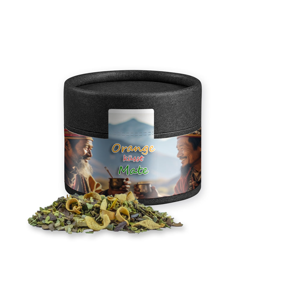 Tee in der schwarzen Mini Dose – Matetee Orange, ca. 16 g