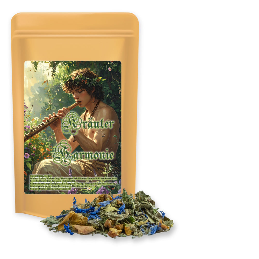 Tee und Kaffee im Standbeutel Midi aus Kraftpapier – Kräutertee Harmonie, ca. 35 g